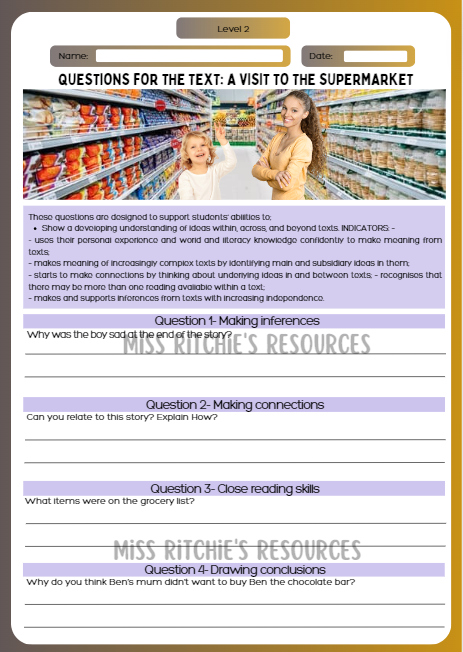 A visit to the supermarket question sheet. Visually alluring reading comprehension worksheet. Aligns with the New Zealand Curriculum, English- level 3. Question sheet.