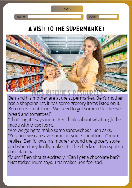 A visit to the supermarket. Reading comprehension. Visually alluring reading comprehension worksheet. Aligns with the New Zealand Curriculum, English- level 3.