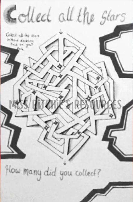 Collect all the stars maze. Supports the development of many skills such as visualization skills and fosters a strong work ethic.