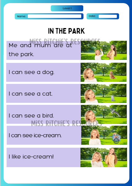 In the park, reading segment. Visually alluring reading comprehension worksheet. Aligns with the New Zealand Curriculum, English- beginning level 1.