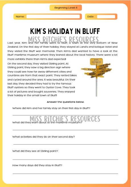 Kim's Holiday in Bluff. Visually alluring reading comprehension worksheet. Aligns with the New Zealand Curriculum, English- beginning level 4.
