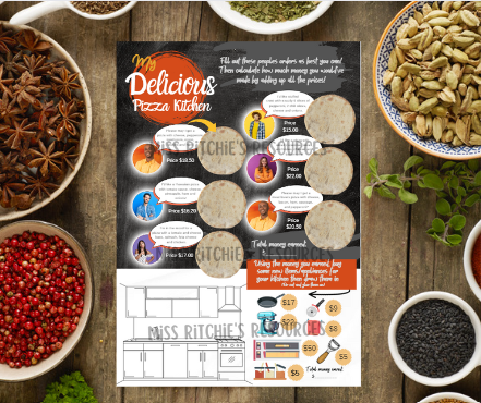 My Delicious Pizza Kitchen game. Prepare pizzas for the customers and design a kitchen. Mathematics. Visually appealing. Activity page for children.