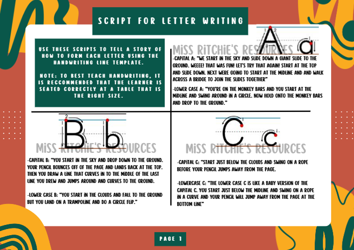 Script for letter writing. Teaches correct letter formation in a fun and engaging way.
