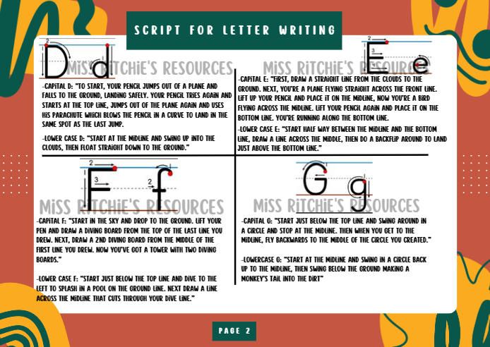 Script for letter writing. Teaches correct letter formation in a fun and engaging way.