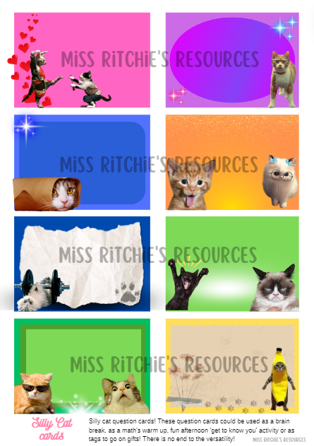 These super cute silly cat cards are great for flash cards or to use as a math warm up. You can even use these vibrant cards for present tags!