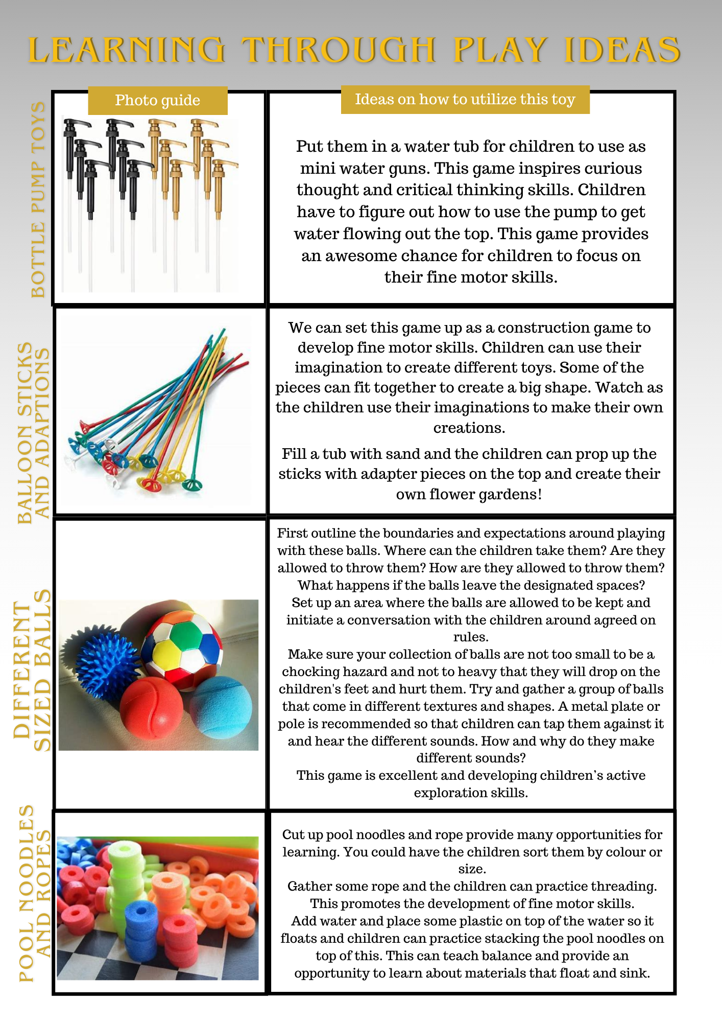 Learning through play ideas. 3 Minute read. Provides 4 learning through play suggestions.