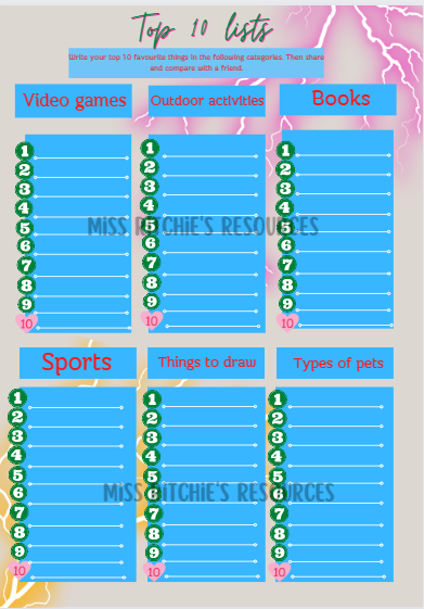 Top 10 Lists. This activity helps Children learn ranking and ordering skills. Thought provoking and stimulating. Suited towards older children.