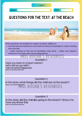 Questions for the text: At the beach. Visually alluring reading comprehension worksheet. Aligns with the New Zealand Curriculum, English- level 2.