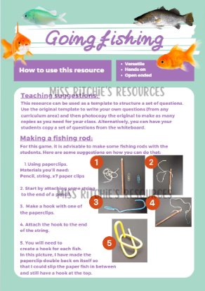 Going fishing. Educational resource, ideal to use as a template to deliver questions relevant to all curriculum areas. Instruction manual provided.
