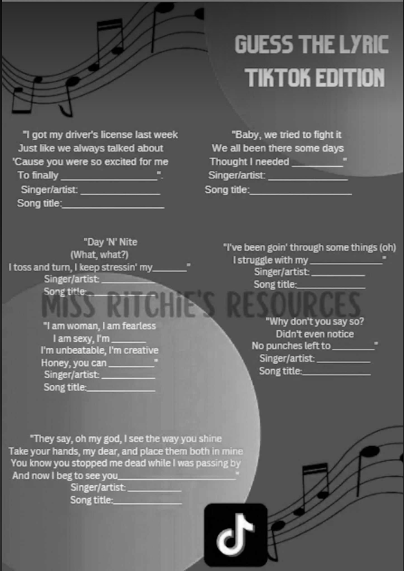 Guess the lyric, TikTok edition. Fun and engaging resource designed to link valuable learning skills to the current TikTok obsession.