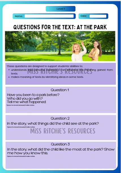 Questions for the text: At the park. Visually alluring reading comprehension worksheet. Aligns with the New Zealand Curriculum, English- level 1.