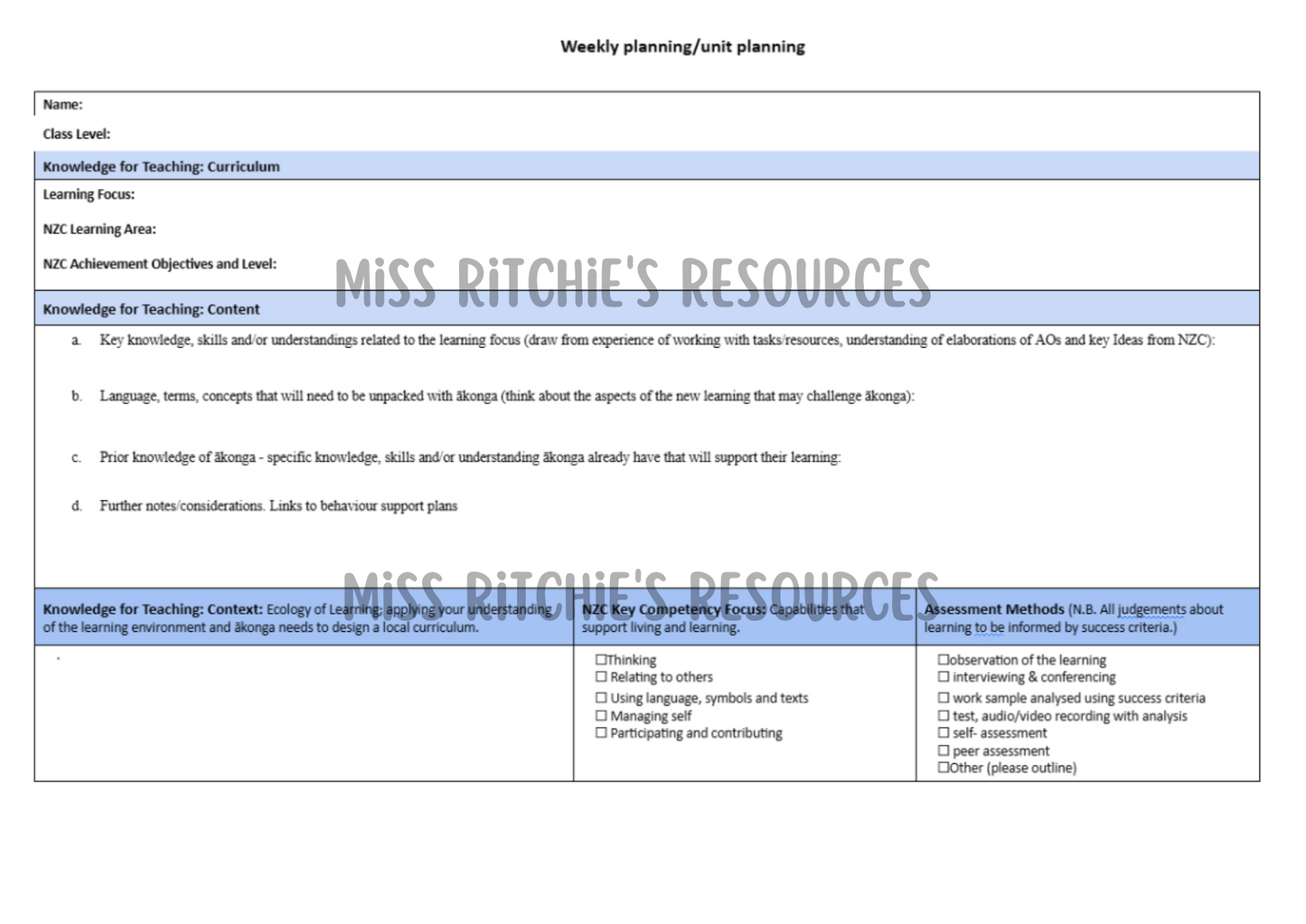 Weekly/unit planning. Adaptable to your own needs. Sets a high standard for teaching and learning.