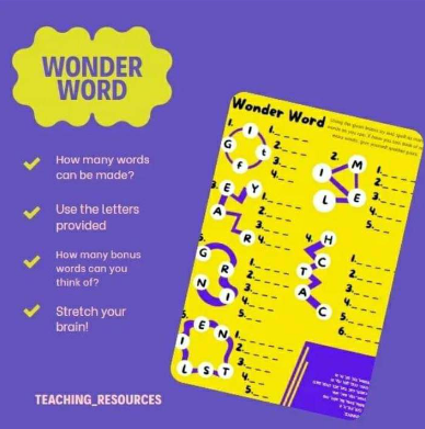 Wonder word activity. Provides educational excellence in cronstructing words from the given letters. Answer key down the bottom. Exciting and enjoyable.