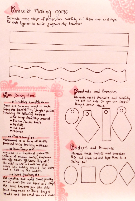 Jewlery making game. Children can hone their fine motor skill in cutting out the different shapes to make their own jewlery. Their is a reading attached that teaches students about other methods of jewelry making.