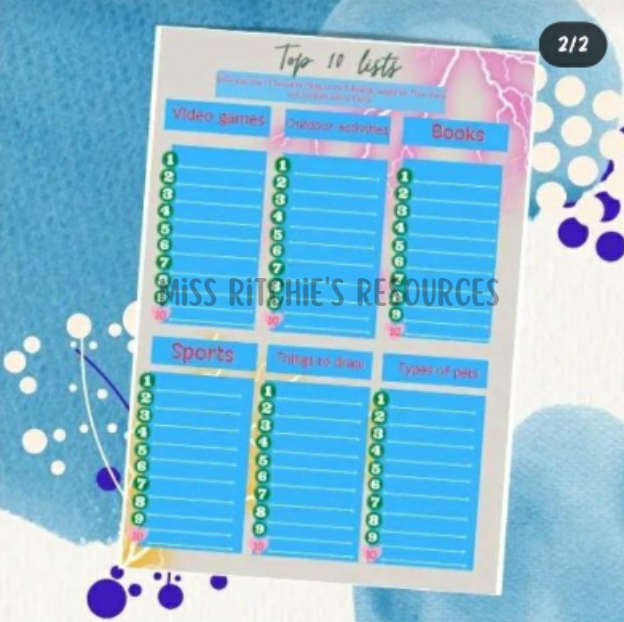 Top 10 Lists. This activity helps Children learn ranking and ordering skills. Thought provoking and stimulating. Suited towards older children.