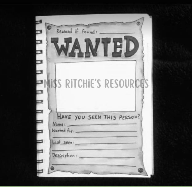 Handcrafted Wanted poster. Design a wanted poster to capture a notorious criminal. This activity practices handwriting and idea generation skills.