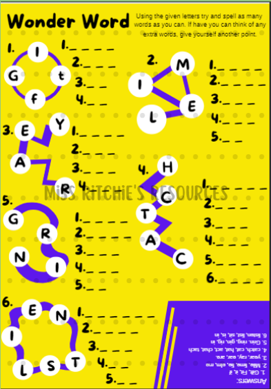 Wonder word activity. Provides educational excellence in cronstructing words from the given letters. Answer key down the bottom. Exciting and enjoyable.
