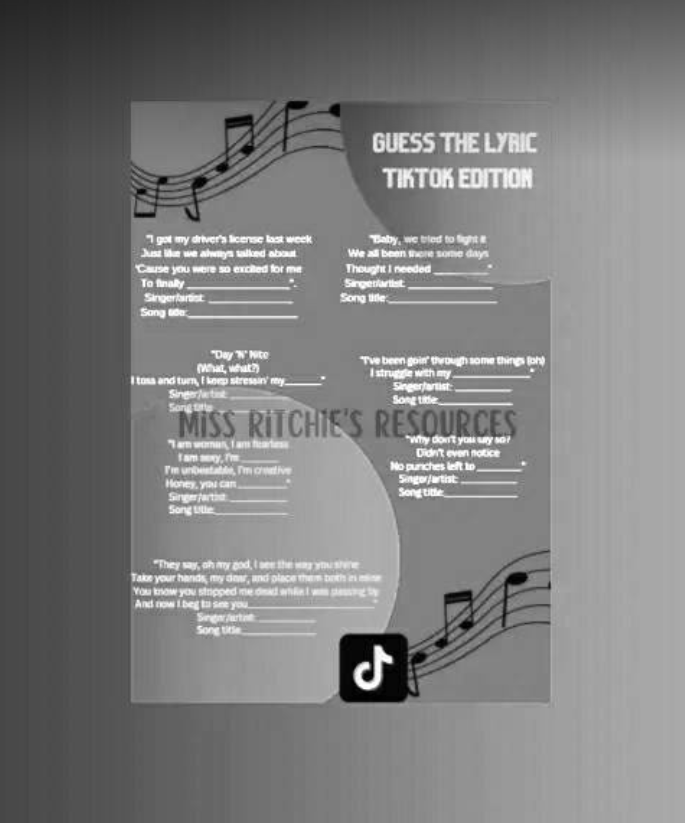 Guess the lyric, TikTok edition. Fun and engaging resource designed to link valuable learning skills to the current TikTok obsession.