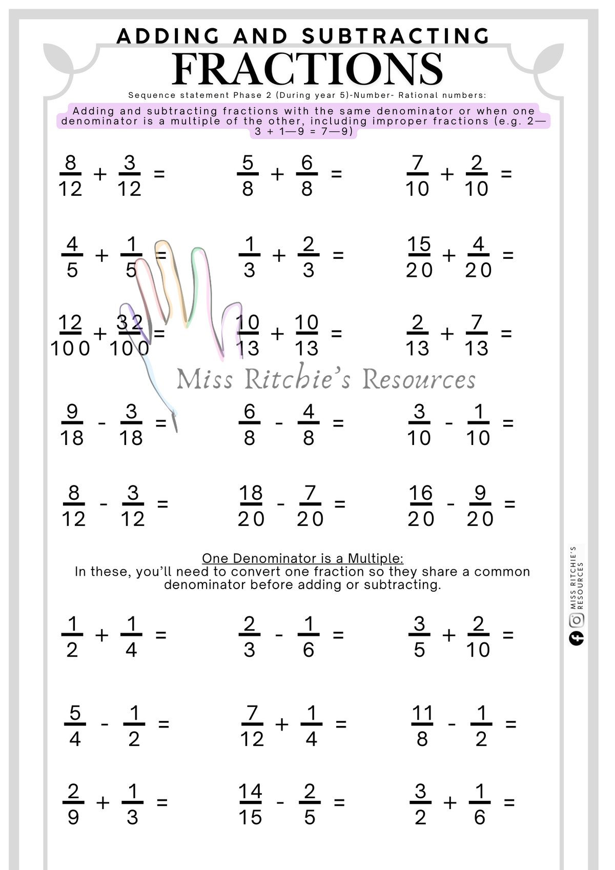 Adding and Subtracting Fractions – Miss Ritchies Resources