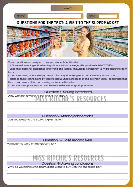 A visit to the supermarket question sheet. Visually alluring reading comprehension worksheet. Aligns with the New Zealand Curriculum, English- level 3. Question sheet. 