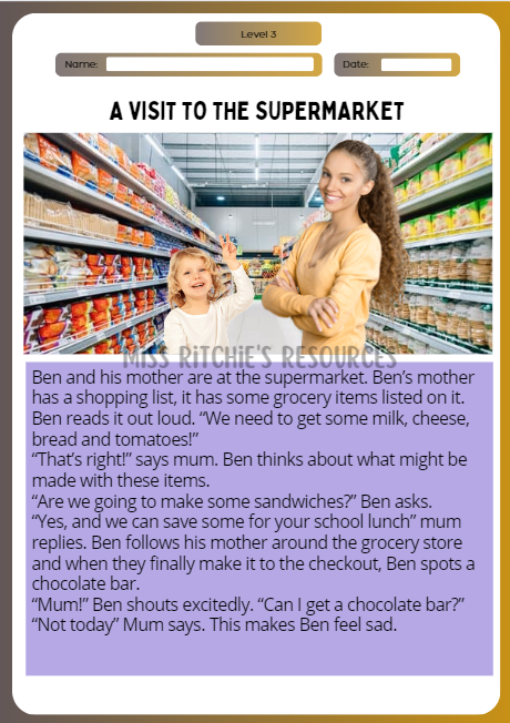 A visit to the supermarket. Reading comprehension. Visually alluring reading comprehension worksheet. Aligns with the New Zealand Curriculum, English- level 3. 