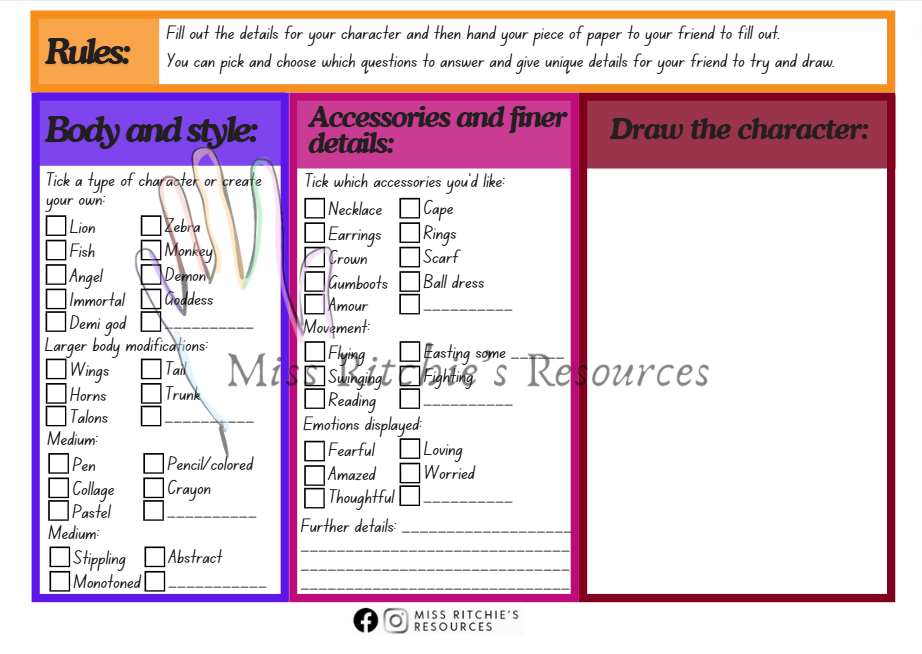 Miss Ritchie's Resources. Creative resource designed to creatively inspire children to brainstorm and make a character plan