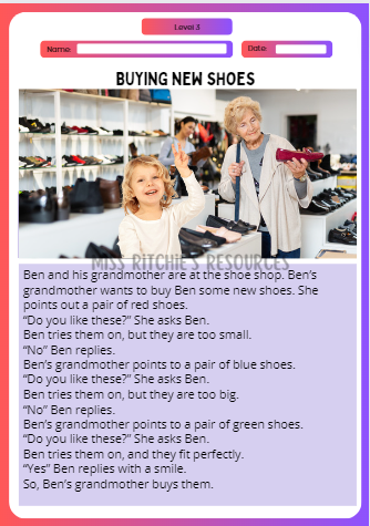 Buying new shoes; reading segement. Visually alluring reading comprehension worksheet. Aligns with the New Zealand Curriculum, English- level 3. 