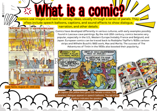 Read the instructions and inspiration pages and let your imagination run wild with this fun comic book template!