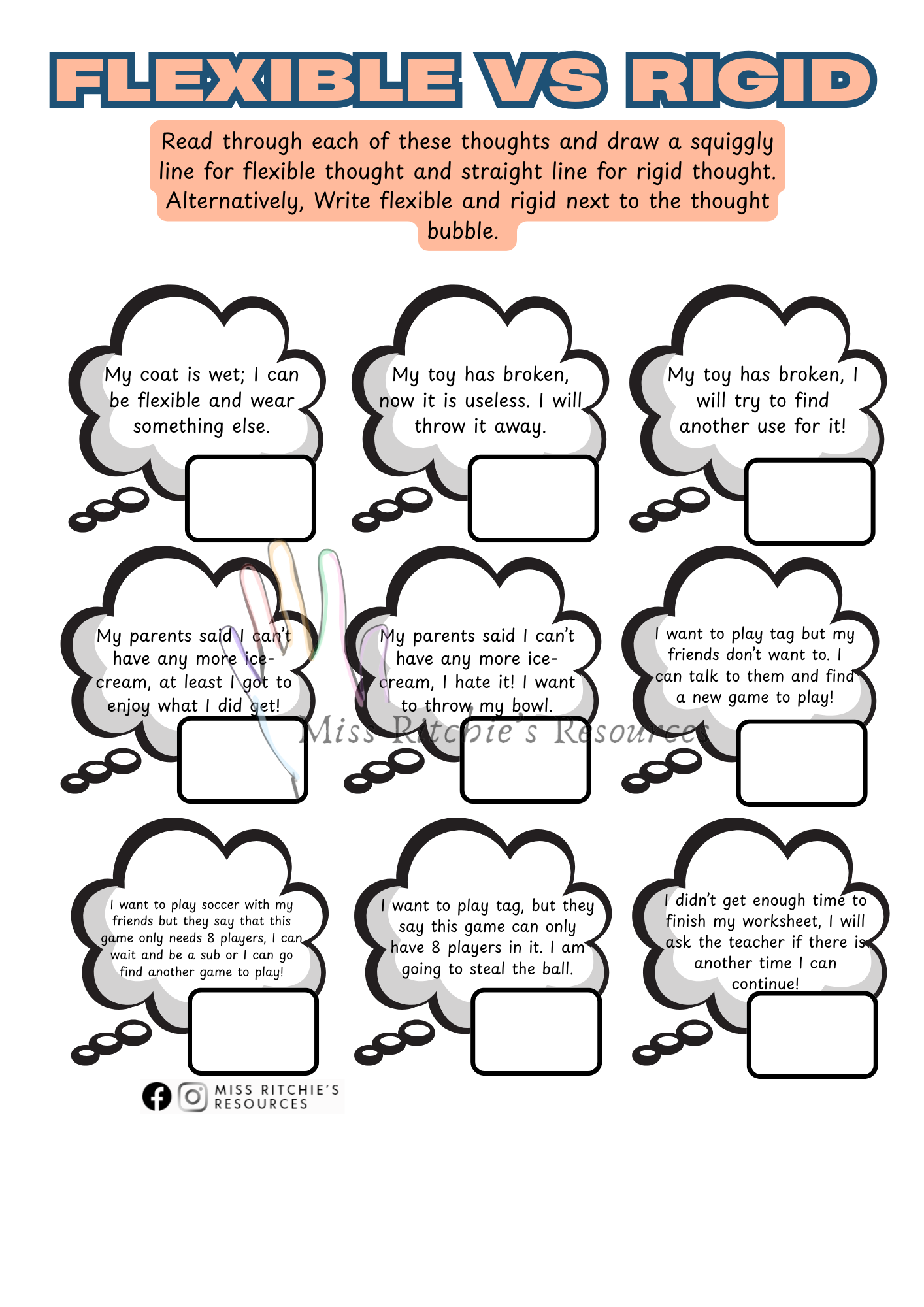 Flexible thinking worksheet- Labeling flexible and rigid thoughts
