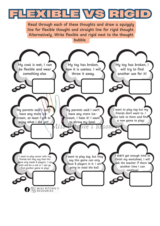 Flexible thinking worksheet- Labeling flexible and rigid thoughts