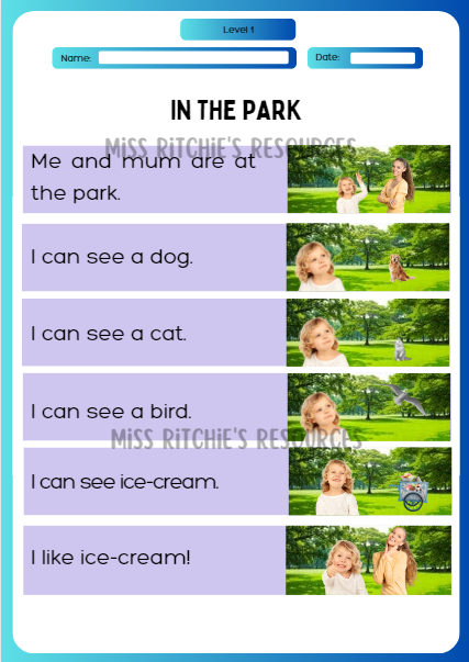 In the park, reading segment. Visually alluring reading comprehension worksheet. Aligns with the New Zealand Curriculum, English- beginning level 1. 