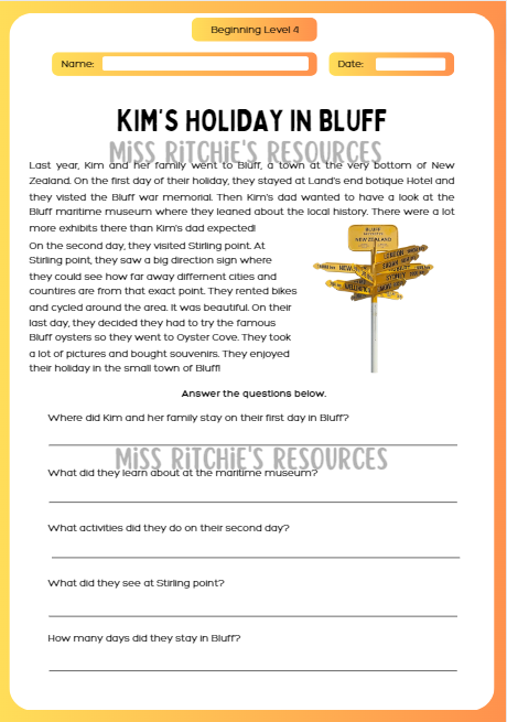 Kim's Holiday in Bluff. Visually alluring reading comprehension worksheet. Aligns with the New Zealand Curriculum, English- beginning level 4. 