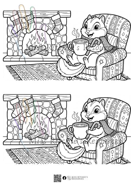 Christmas colouring- cozy chipmunk sipping hot chocolate