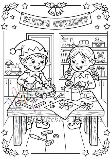 Christmas coluring- Free- Elves in the workshop