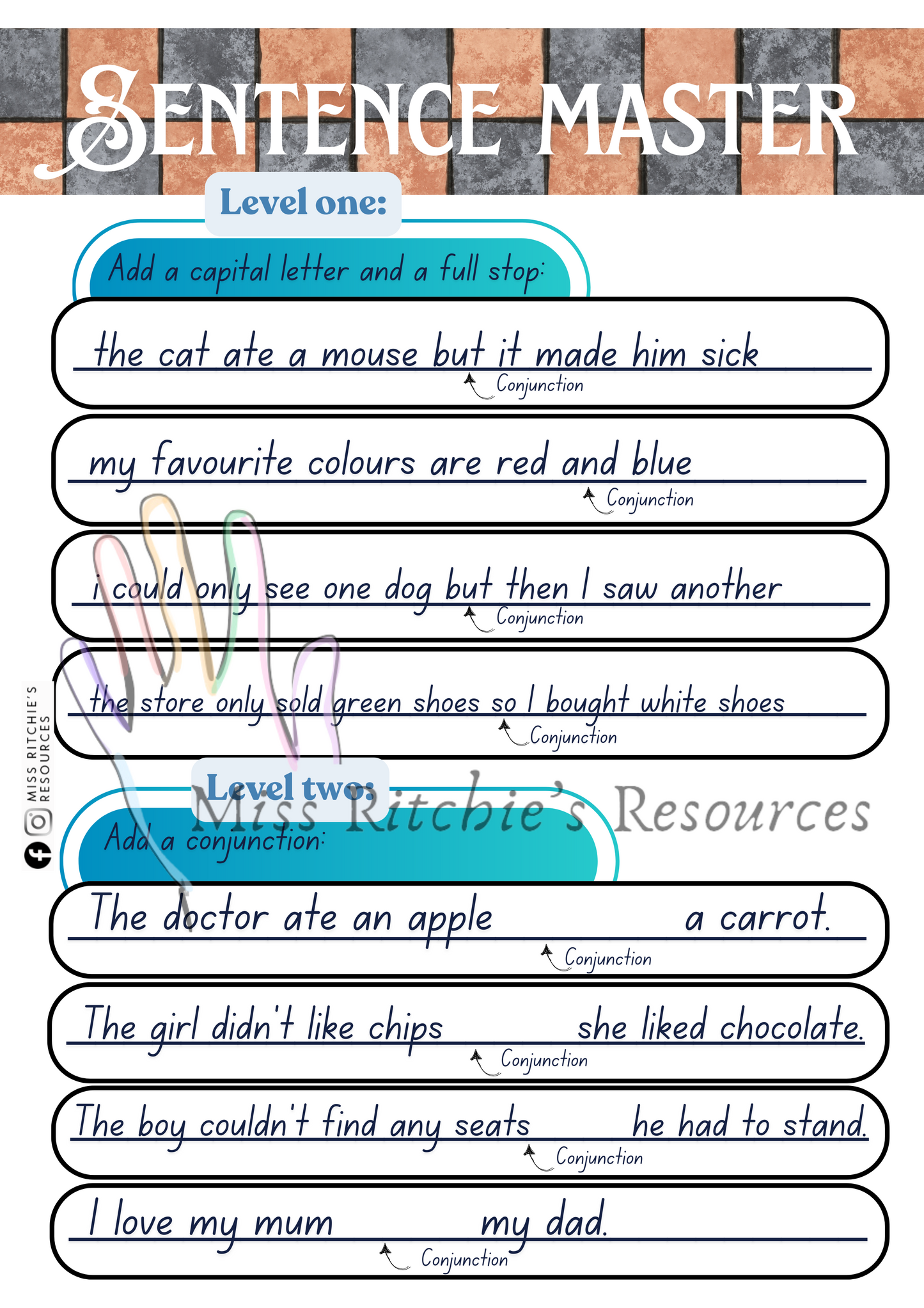 Punctuation worksheet. Capital letters worksheet. Fullstop worksheet. Conjunction worksheet. 