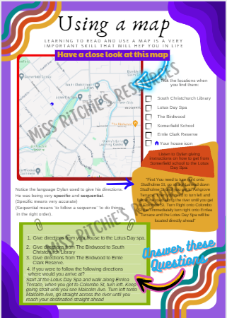 Using a map worksheet. This activity is thoughtfully crafted to support the understanding of giving and receiving directions. Suited for older children approximately age 8+