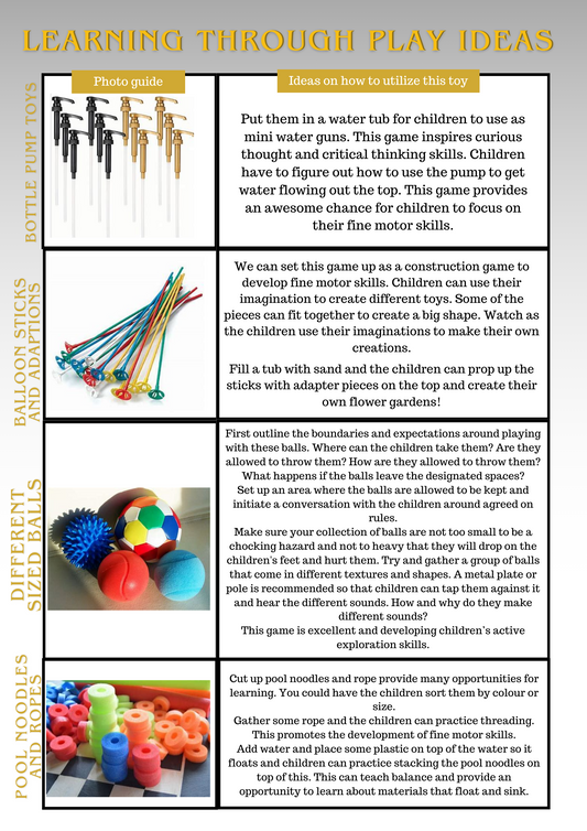 Learning through play ideas. 3 Minute read. Provides 4 learning through play suggestions. 