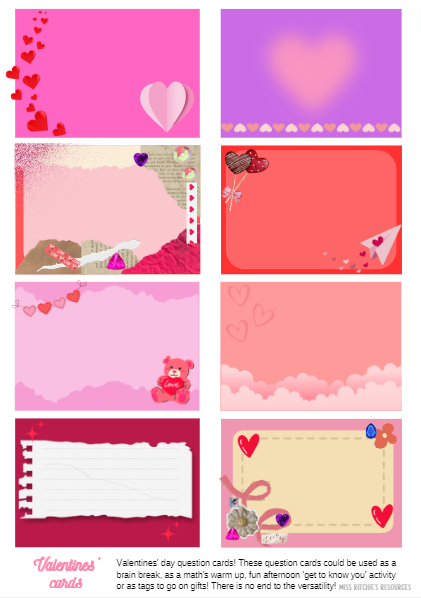 Valentines' Day question cards. These cards have been created to be versatile! Use them for your Valentines' Day crafts, brain-breaks, or Math warmups! 