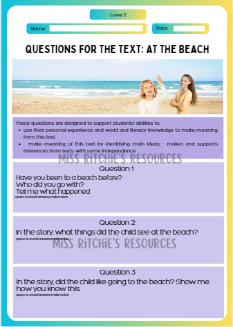 Questions for the text: At the beach. Visually alluring reading comprehension worksheet. Aligns with the New Zealand Curriculum, English- level 2. 