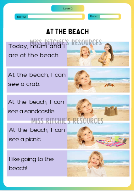 At the beach, reading. Visually alluring reading comprehension worksheet. Aligns with the New Zealand Curriculum, English- level 2. 