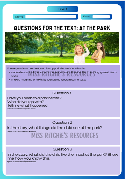 Questions for the text: At the park. Visually alluring reading comprehension worksheet. Aligns with the New Zealand Curriculum, English- level 1. 
