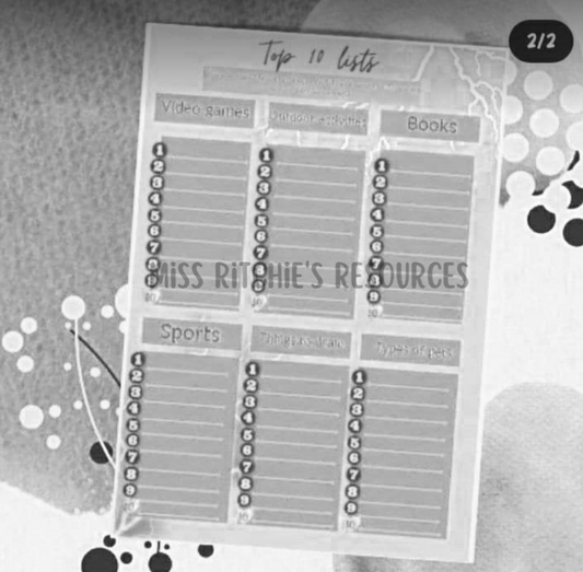 Top 10 Lists. This activity helps Children learn ranking and ordering skills. Thought provoking and stimulating. Suited towards older children. 