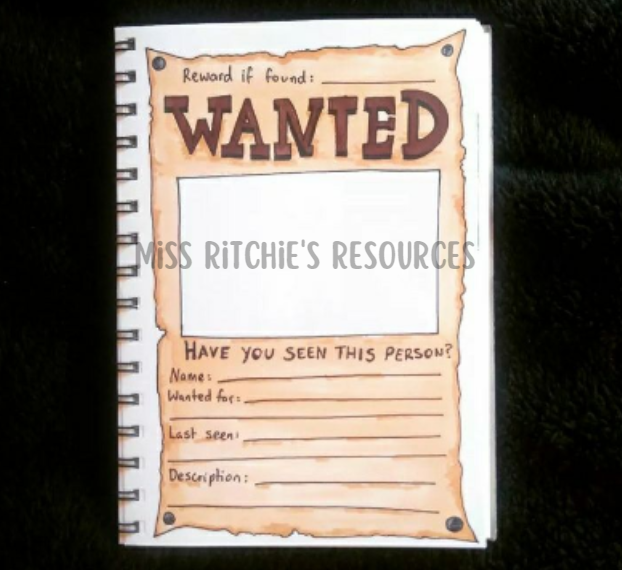 Handcrafted Wanted poster. Design a wanted poster to capture a notorious criminal. This activity practices handwriting and idea generation skills.