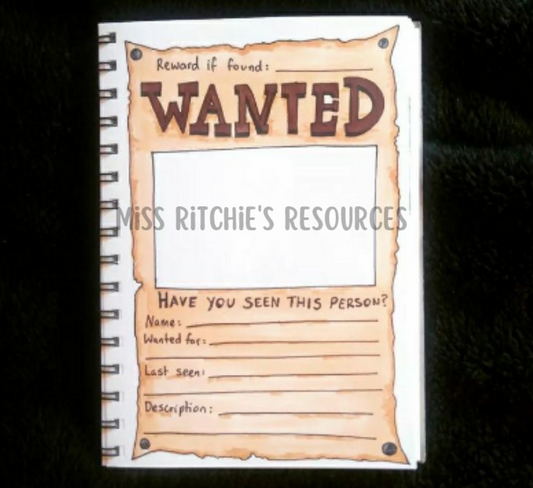 Handcrafted Wanted poster. Design a wanted poster to capture a notorious criminal. This activity practices handwriting and idea generation skills.
