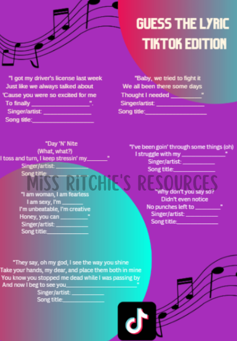 Guess the lyric, TikTok edition. Fun and engaging resource designed to link valuable learning skills to the current TikTok obsession.