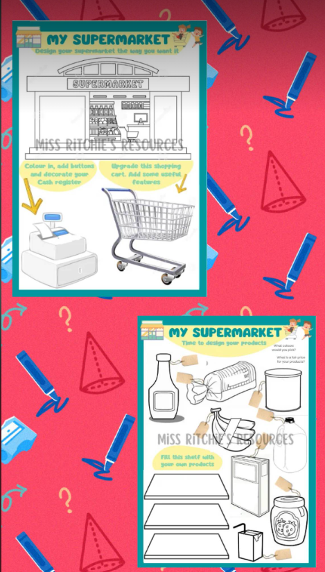 Overview of the two-page activity. My supermarket designing game. This visually appealing game will have childrens' minds buzzing with creativity.