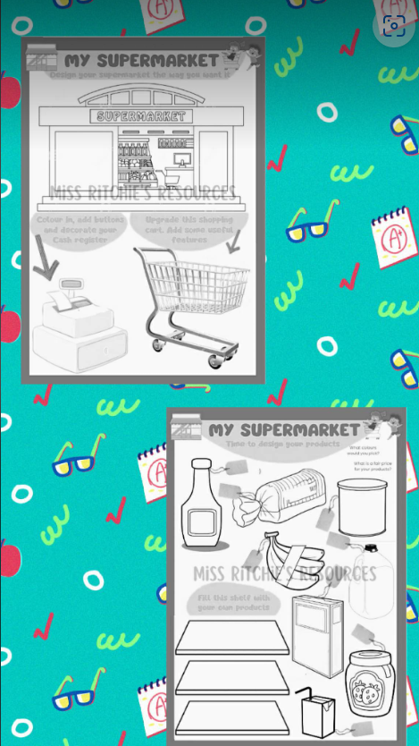 Overview of the two-page activity. My supermarket designing game. This visually appealing game will have childrens' minds buzzing with creativity. 