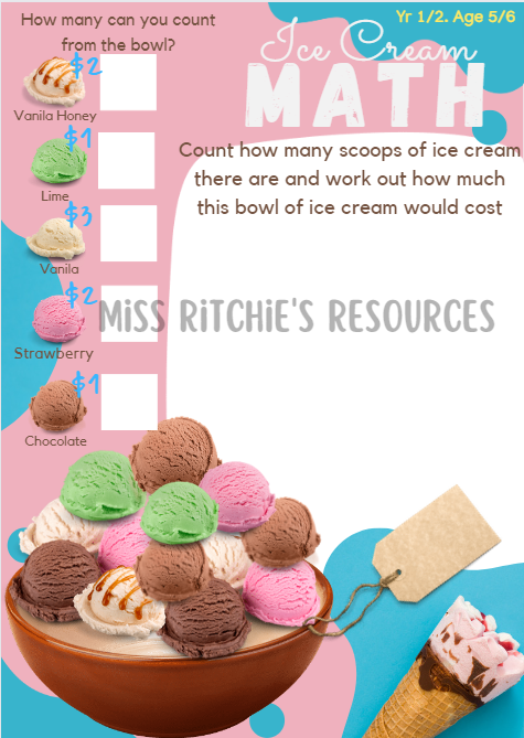 Ice-cream math. Yr 1/2. Age 5/6. This exciting mathematical challenge provides the opportunity for children to practice their mathematical skills in an appealing way.