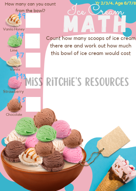 Ice-cream math. Yr 2/3/4. Age 6/7/8. This exciting mathematical challenge provides the opportunity for children to practice their mathematical skills in an appealing way.