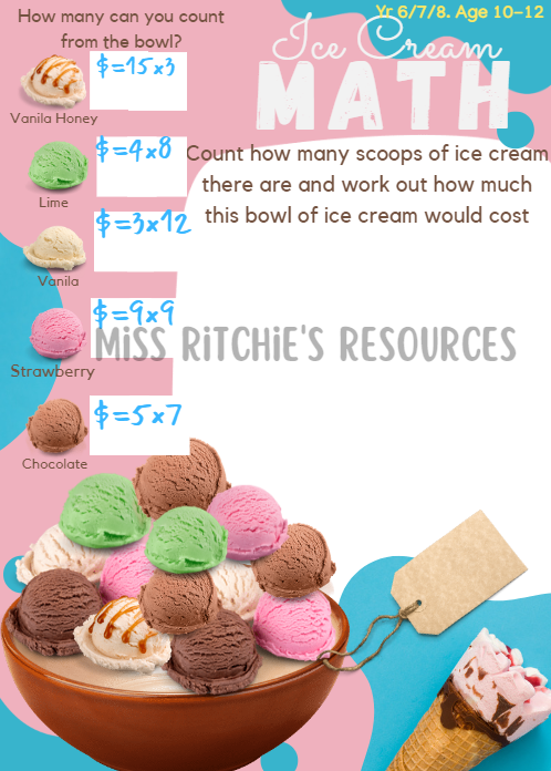 Ice-cream math. Yr 6/7/8. Age 10-12. This exciting mathematical challenge provides the opportunity for children to practice their mathematical skills in an appealing way.